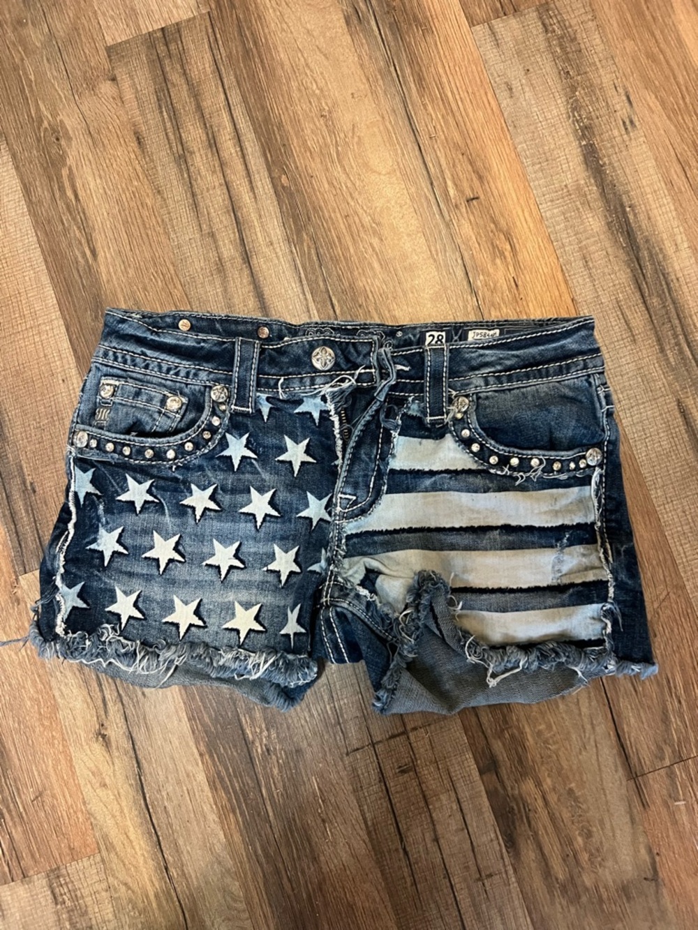 Miss Me Distressed American Flag Denim Jean Shorts - Blue & White